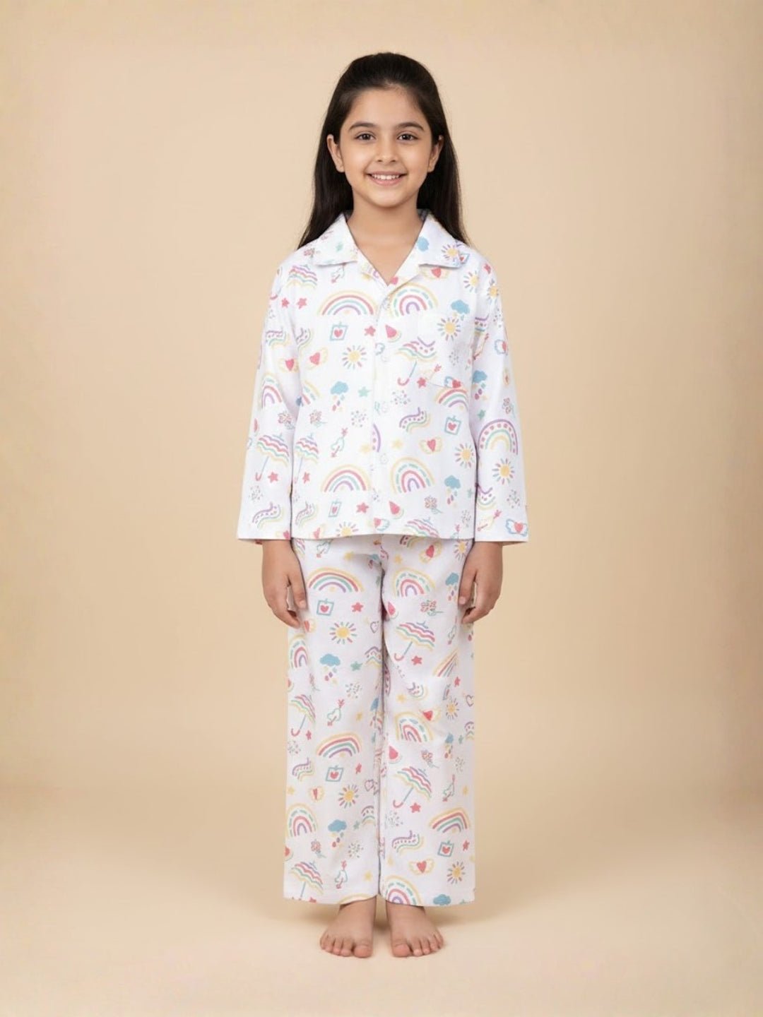  White Sunshine And Rainbows Pajama Nightsuit Set For Kids
