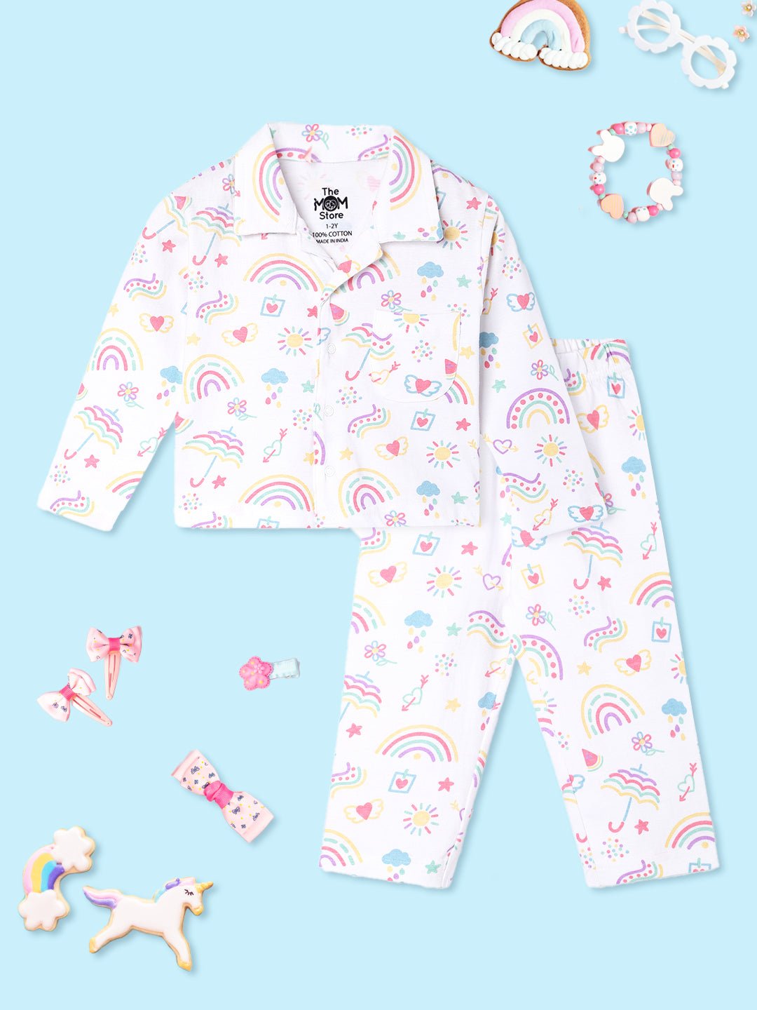  White Sunshine And Rainbows Pajama Nightsuit Set For Kids