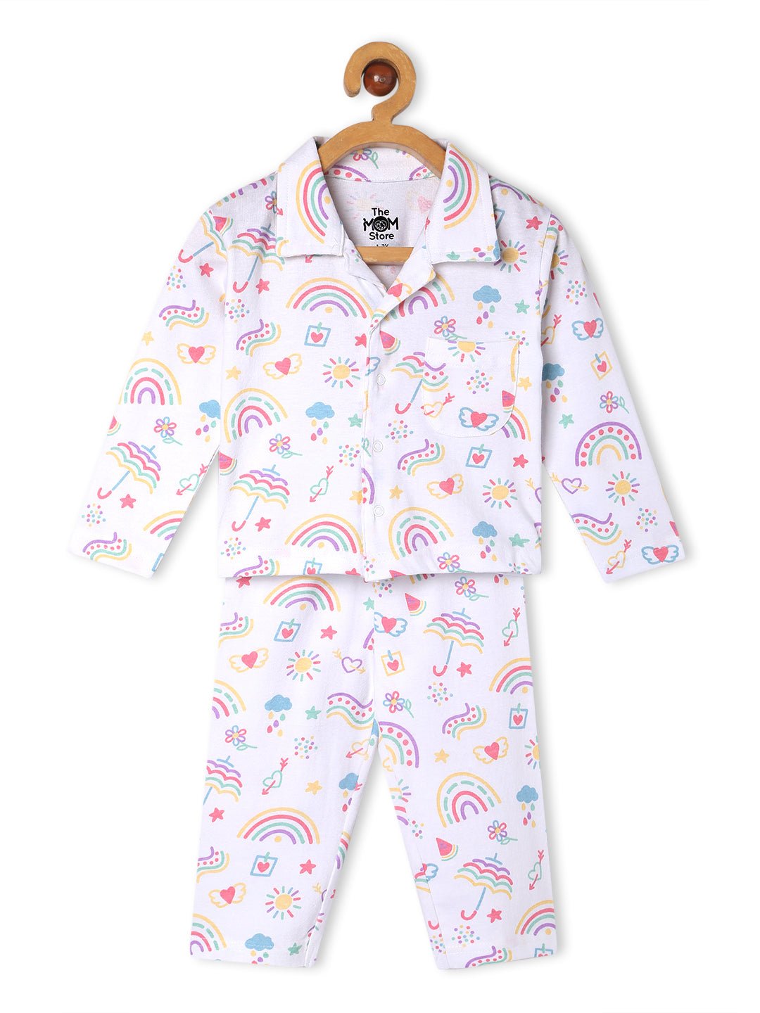  White Sunshine And Rainbows Pajama Nightsuit Set For Kids