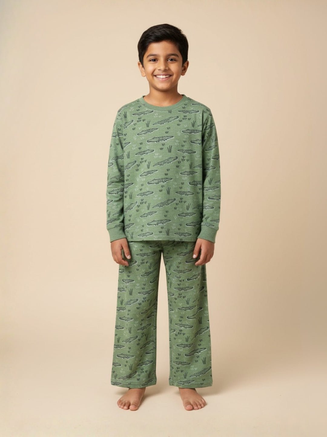 Green Alligator Printed Cotton Pajama Nightsuit Set For Kids