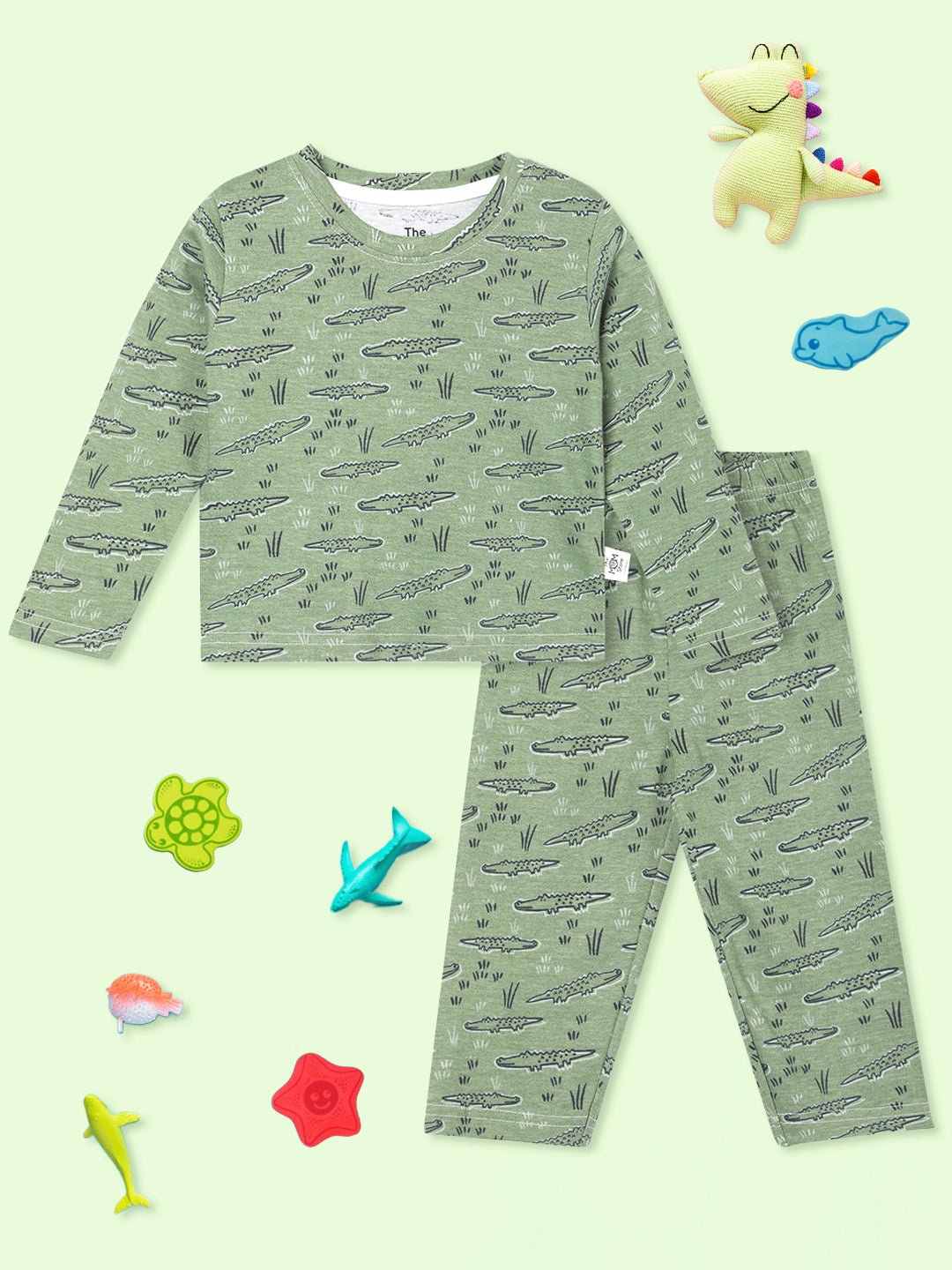 Green Alligator Printed Cotton Pajama Nightsuit Set For Kids