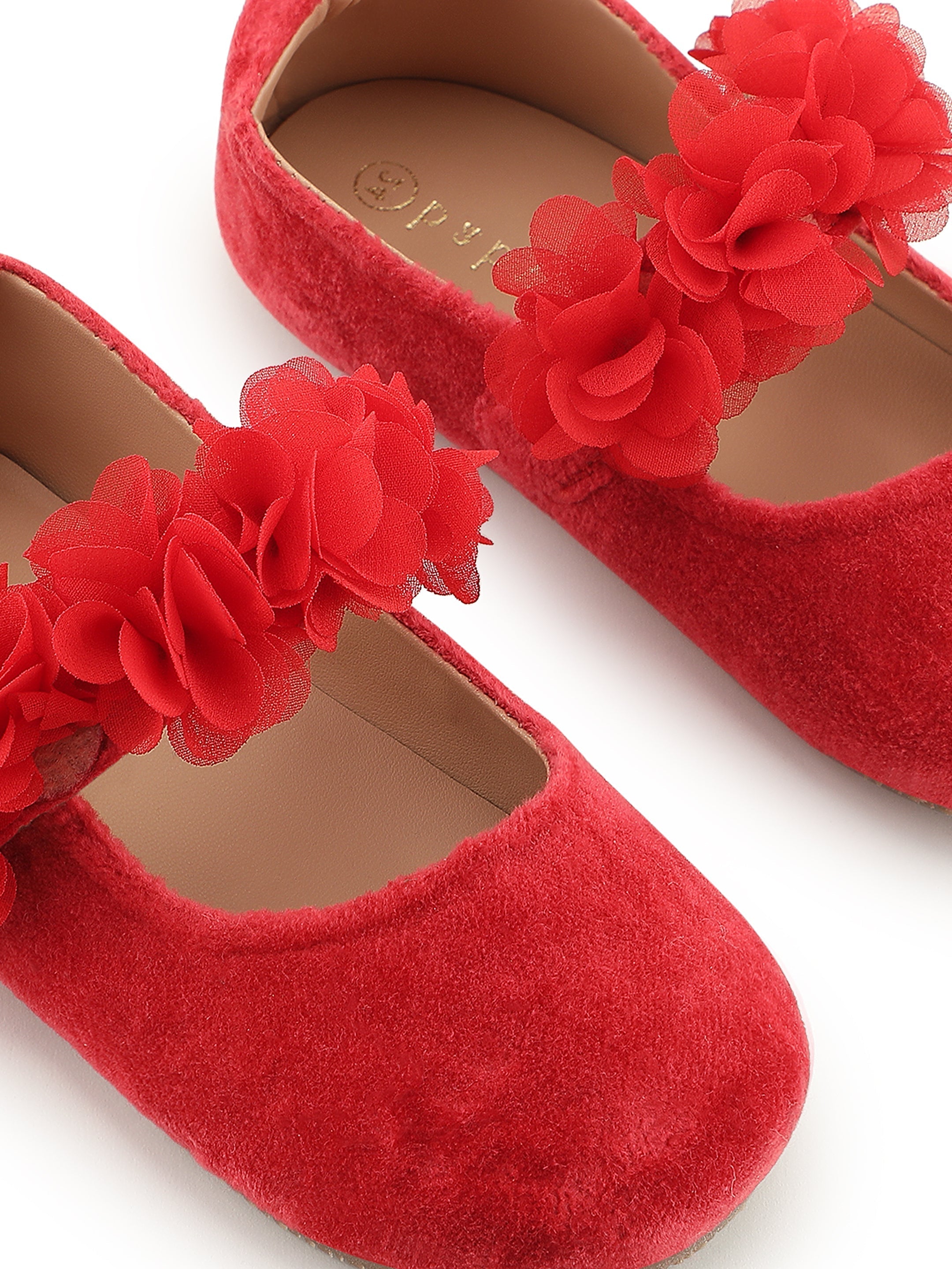 Baby Doe Red Blossom Velvet Ballerina Shoes For Girls