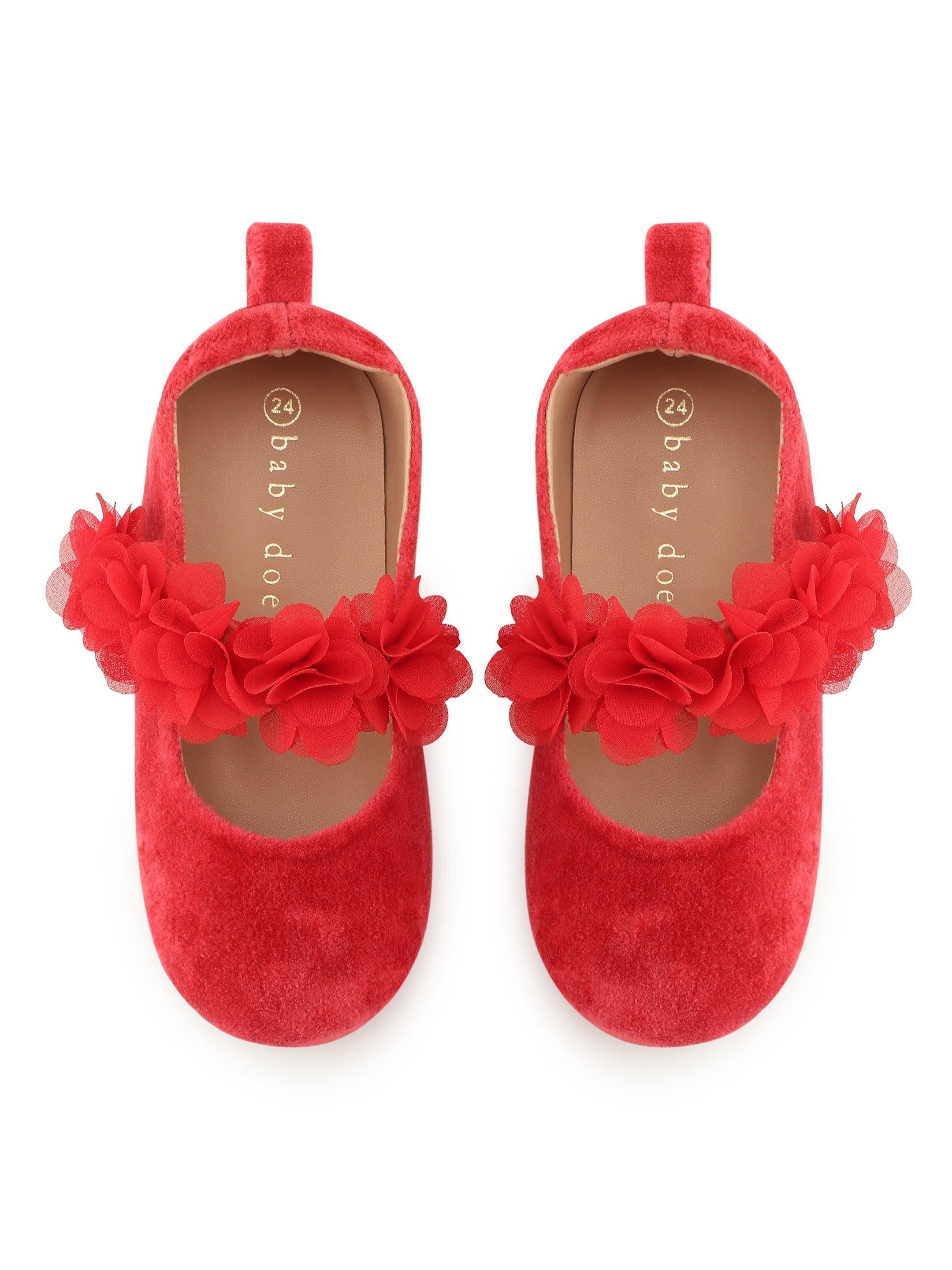 Baby Doe Red Blossom Velvet Ballerina Shoes For Girls