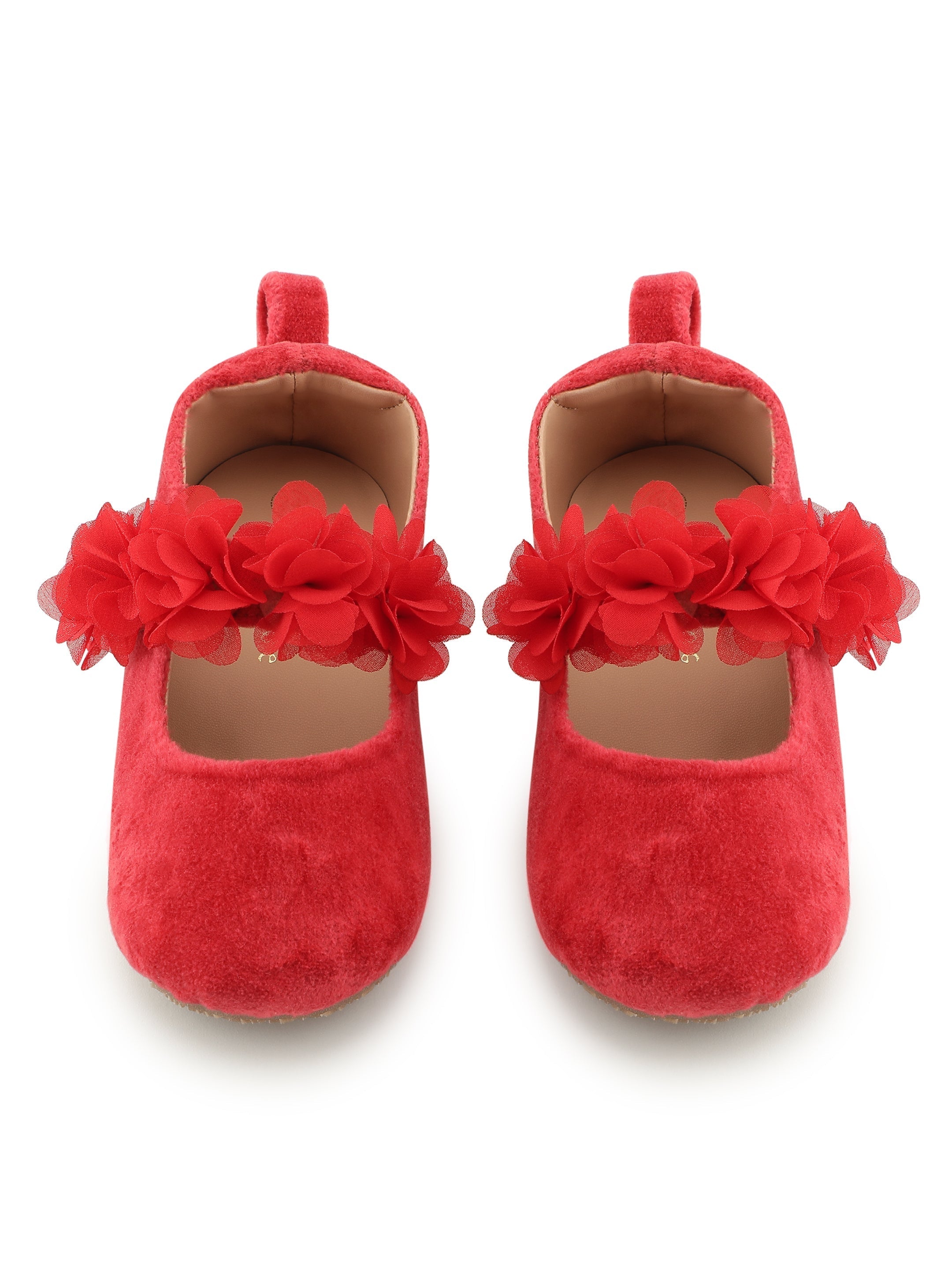 Baby Doe Red Blossom Velvet Ballerina Shoes For Girls