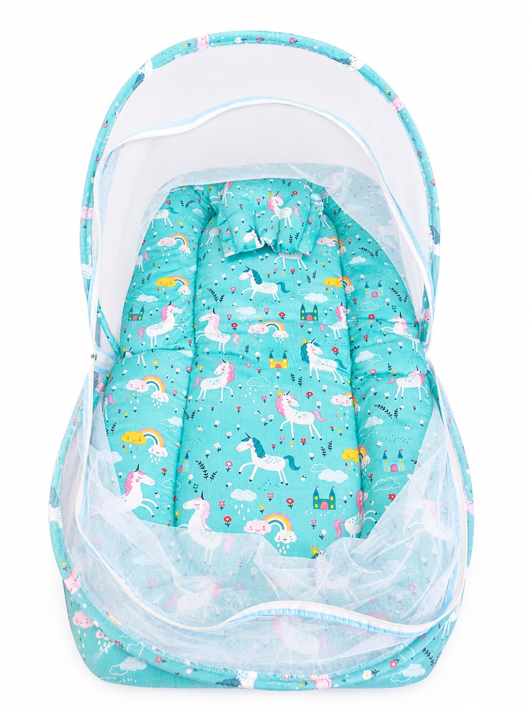 Unicorn Utopia Portable Baby Mosquito Net Bed In Aqua