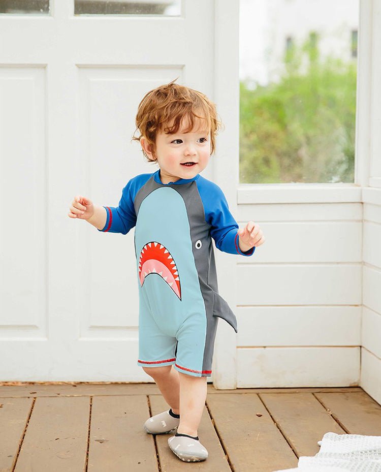 Baby Shark Blue Raglan Sleeve Boys Swimsuit Bodysuit