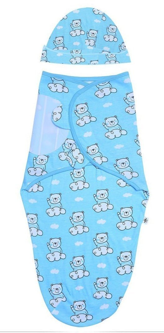 Hello Bear 2 PC Kids Cotton Swaddle Blanket and Cap Set