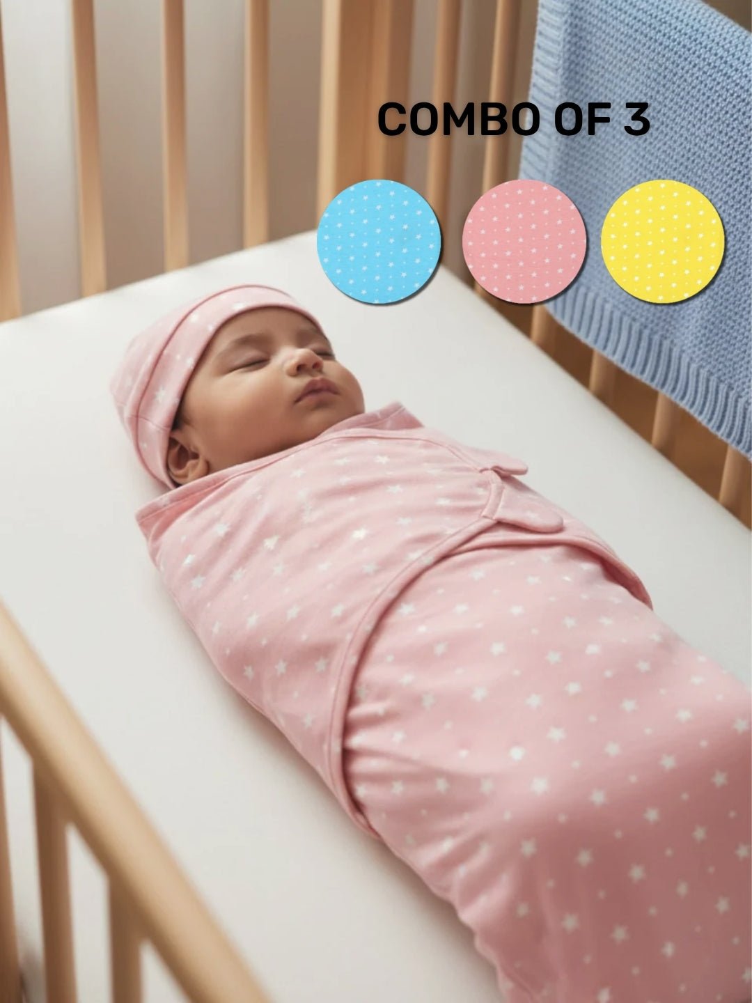 Blue Pink and Yellow Star 3 PC Kids Cotton Baby Swaddle Set