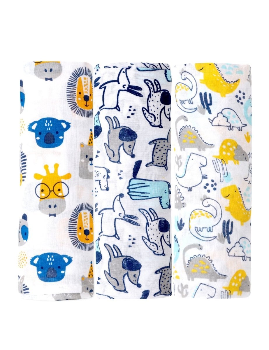 Cute Puppy Dino Forest 3 PC Cotton Muslin Baby Swaddle Blanket Wrap