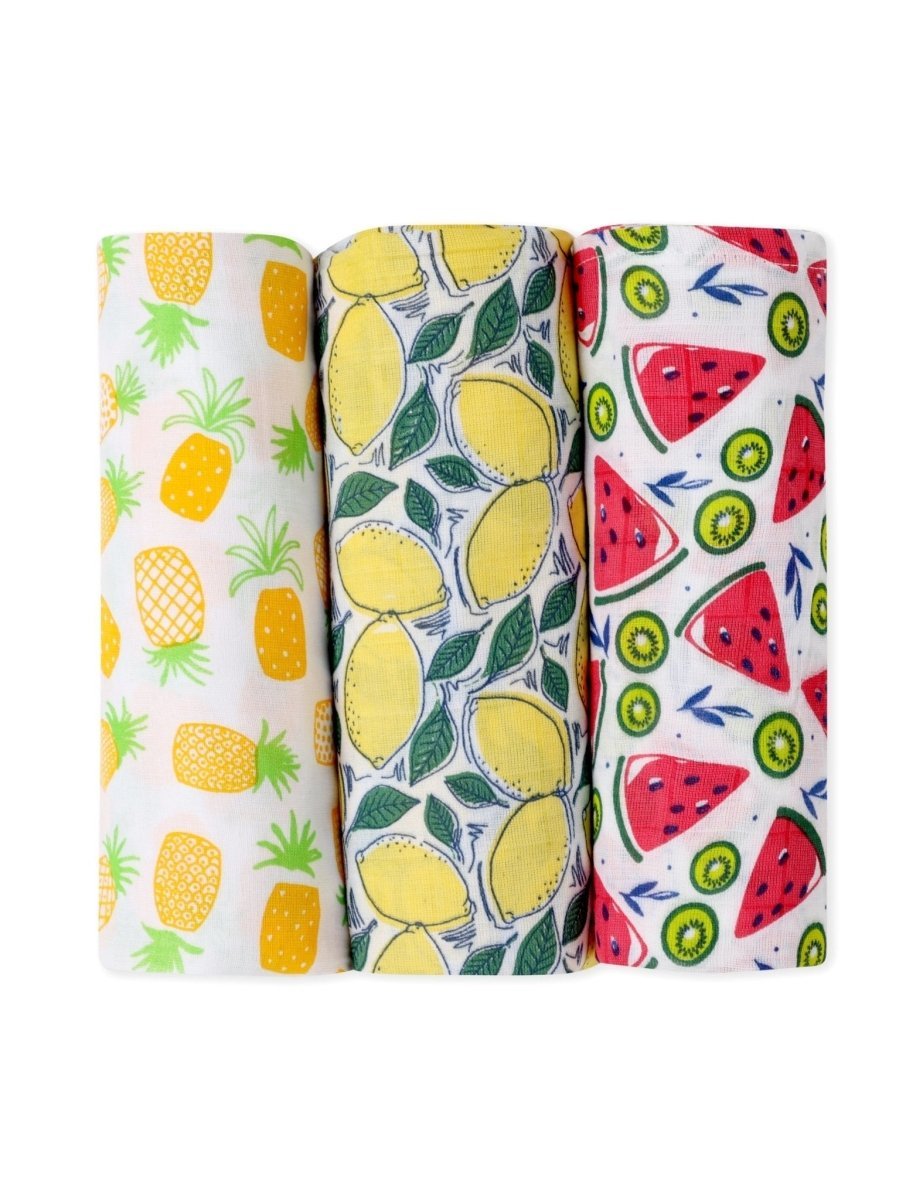 Combo Of 3 Fruity Print Muslin Swaddle Wrap Set For Babies