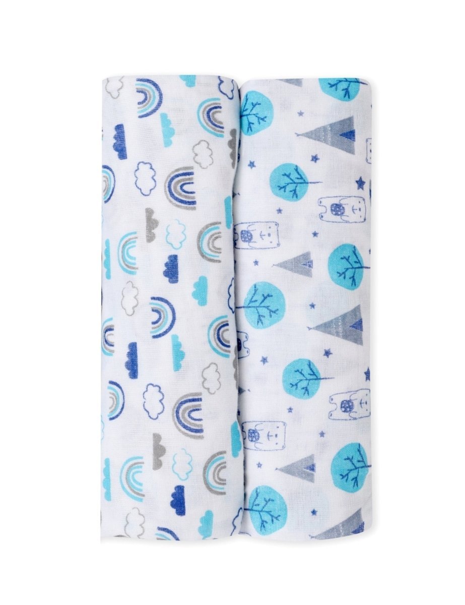Happy Rainbow & Blue Forest 2 PC Cotton Muslin Swaddle Wrap