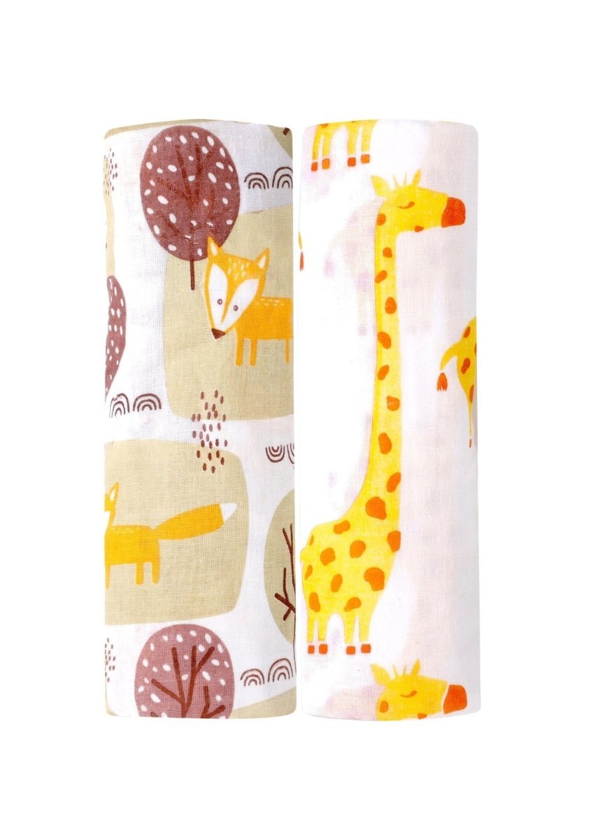Multicolor Little Fox And Tall Giraffe Muslin Swaddle Wrap Set For Kids
