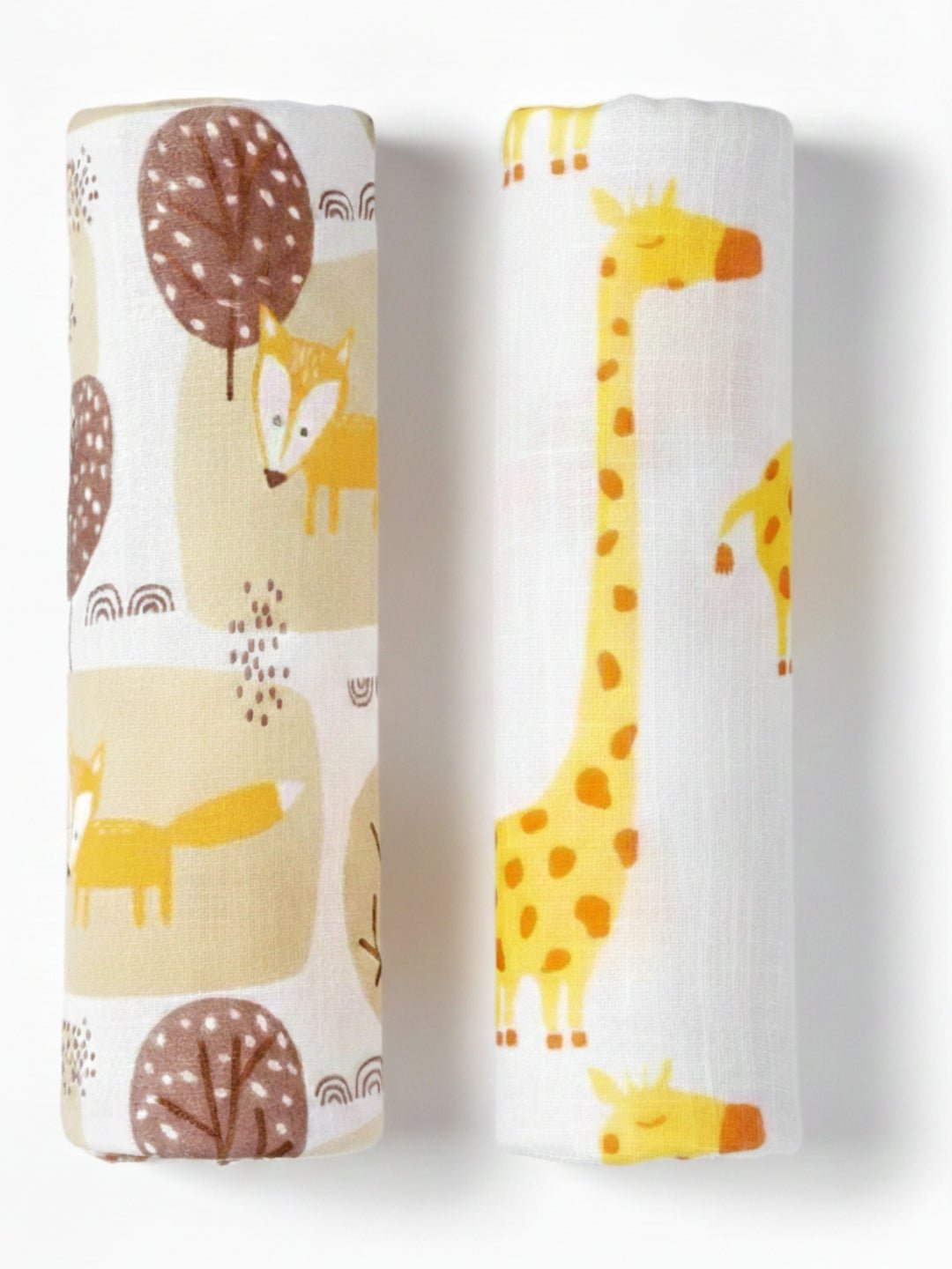 Multicolor Little Fox And Tall Giraffe Muslin Swaddle Wrap Set For Kids