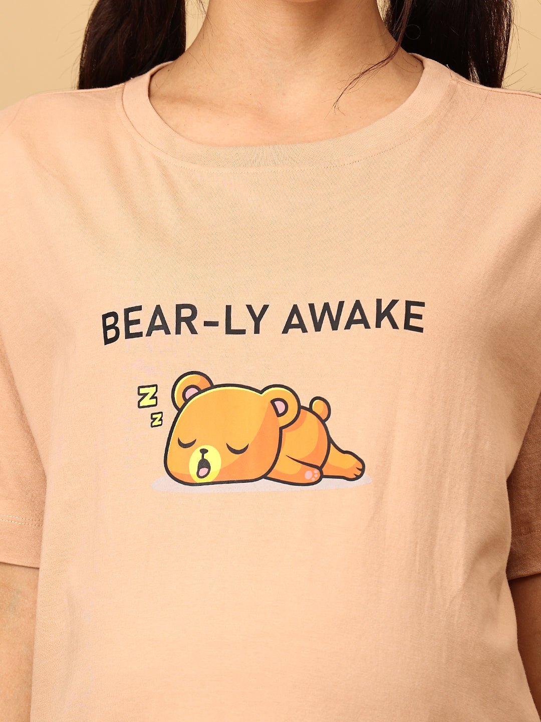  Bearly Awake Oversized Maternity and Nursing T shirt Sand