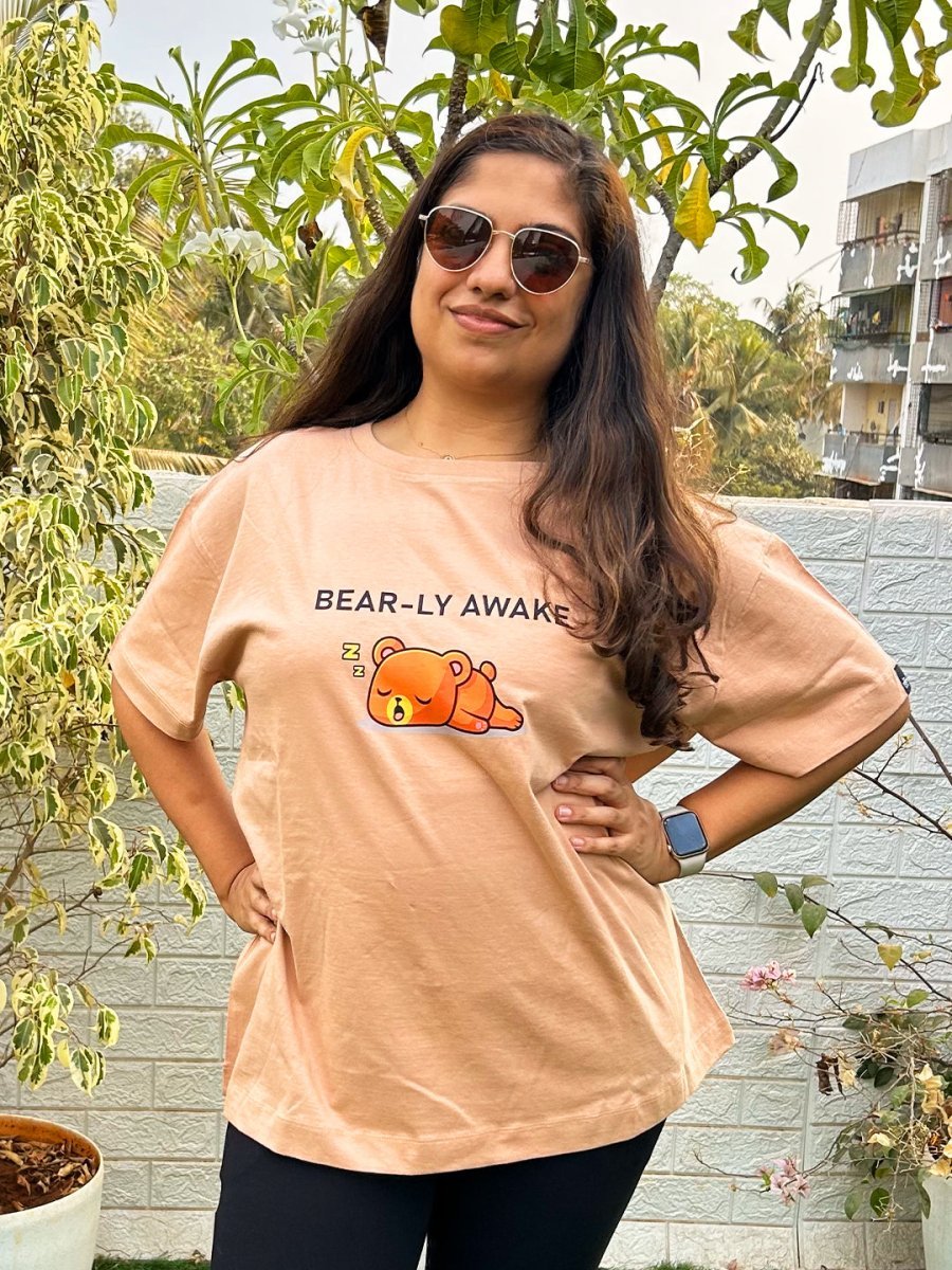  Bearly Awake Oversized Maternity and Nursing T shirt Sand