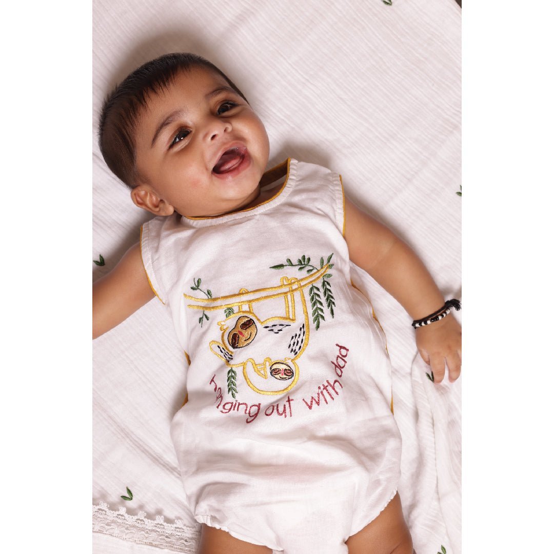 Bhaakur Cotton Voile Hanging Out With Dad Infant Romper