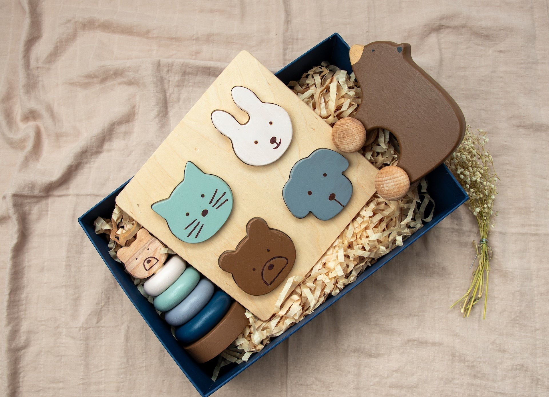 Bear Toddler 3 PCS Wooden Toy Gift Box With Roller And Stacker