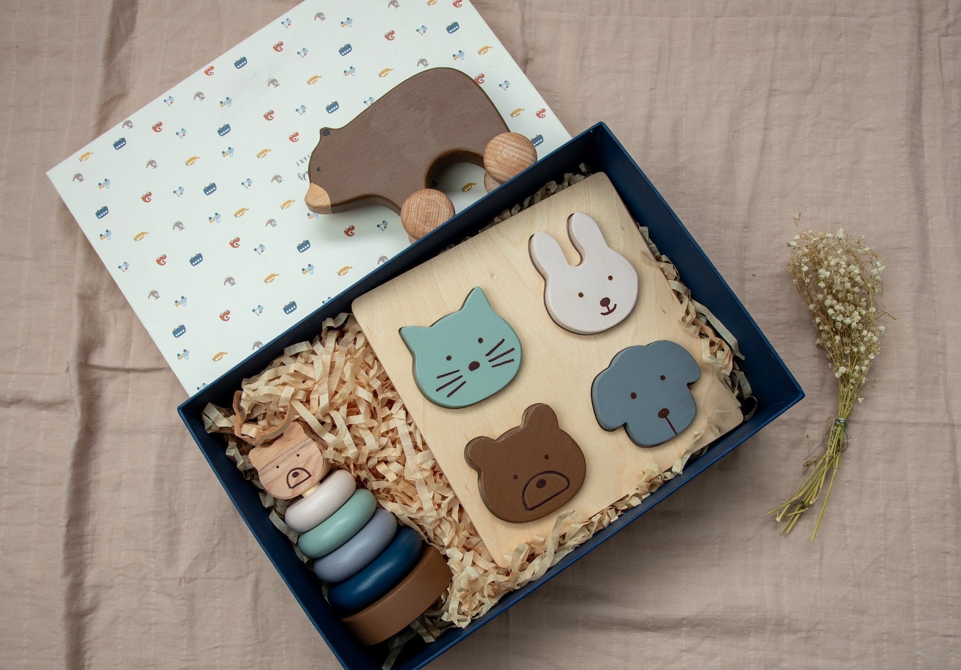 Bear Toddler 3 PCS Wooden Toy Gift Box With Roller And Stacker