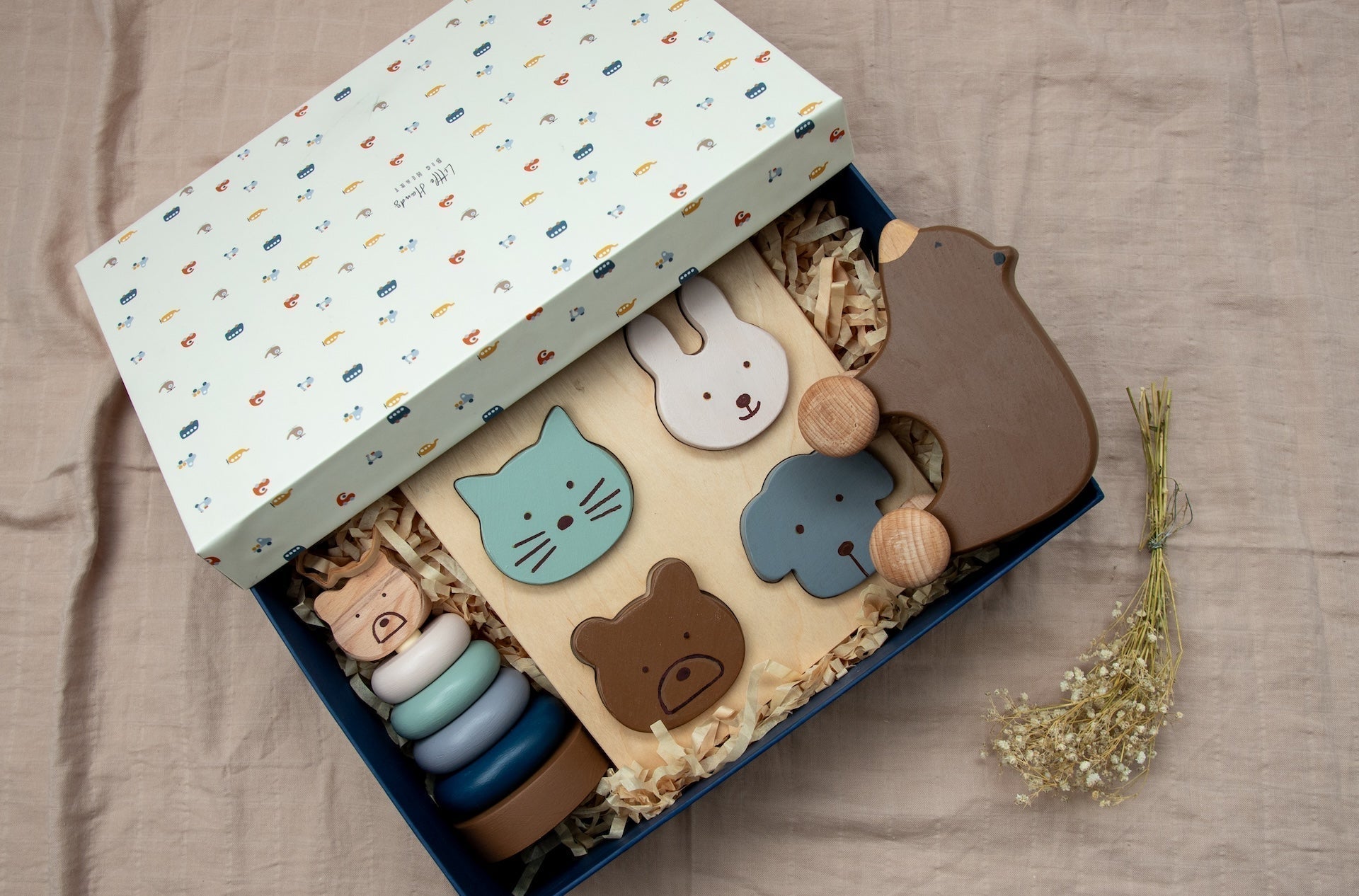 Bear Toddler 3 PCS Wooden Toy Gift Box With Roller And Stacker