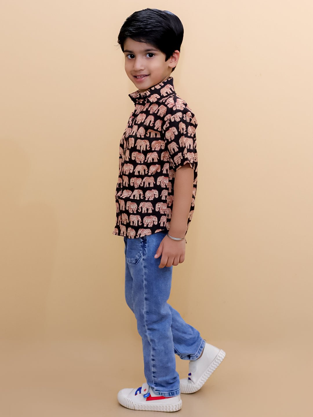 Black Elephant Print Boys Half Sleeve Cotton Shirt