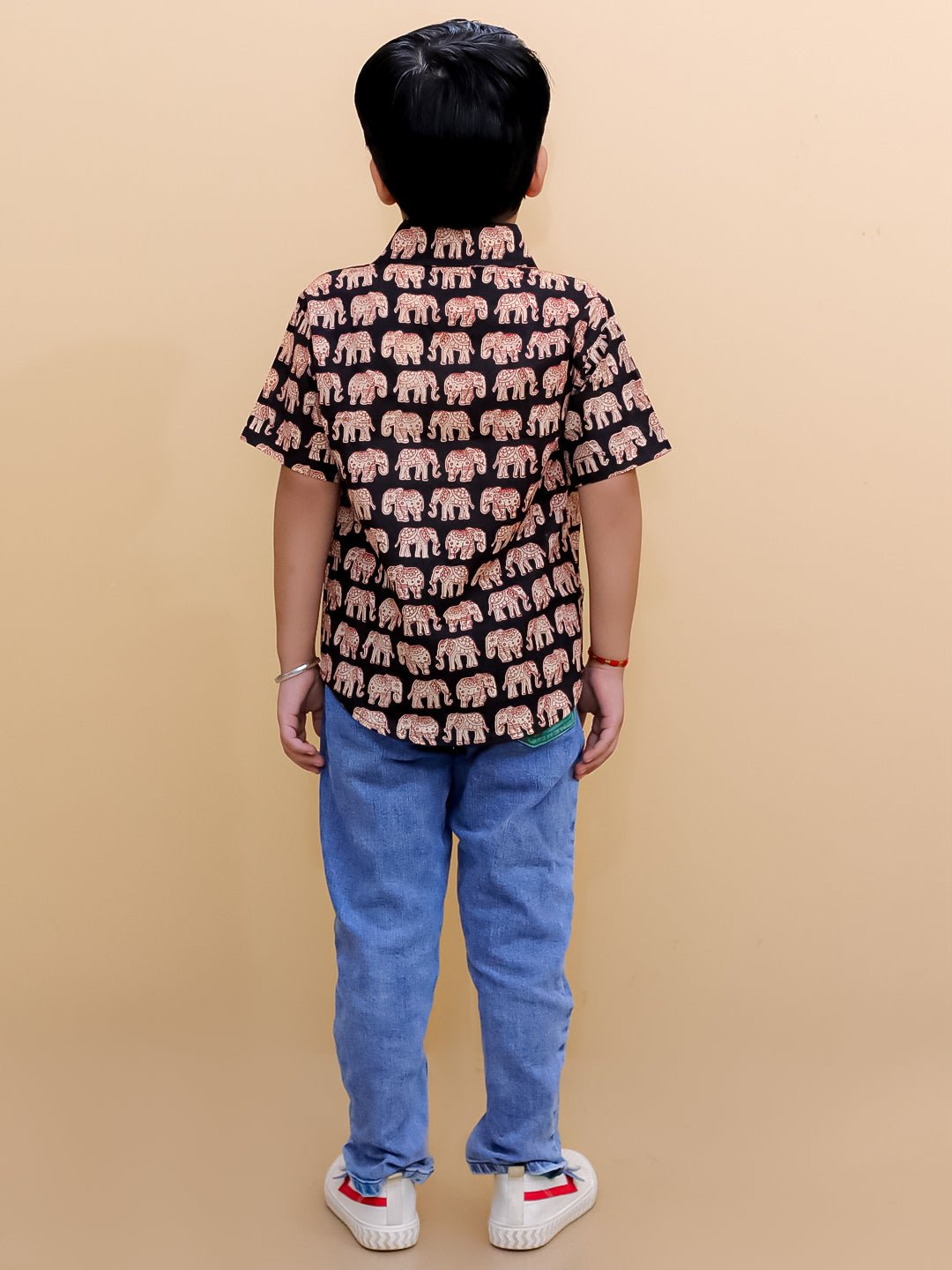 Black Elephant Print Boys Half Sleeve Cotton Shirt