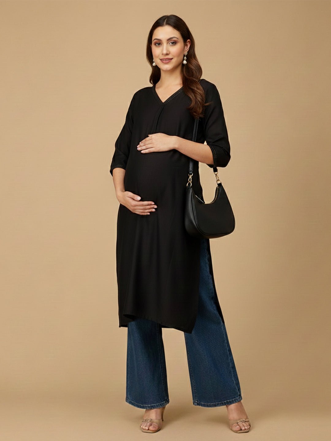  Black Embroidered Maternity and Nursing Silk Kurta Black
