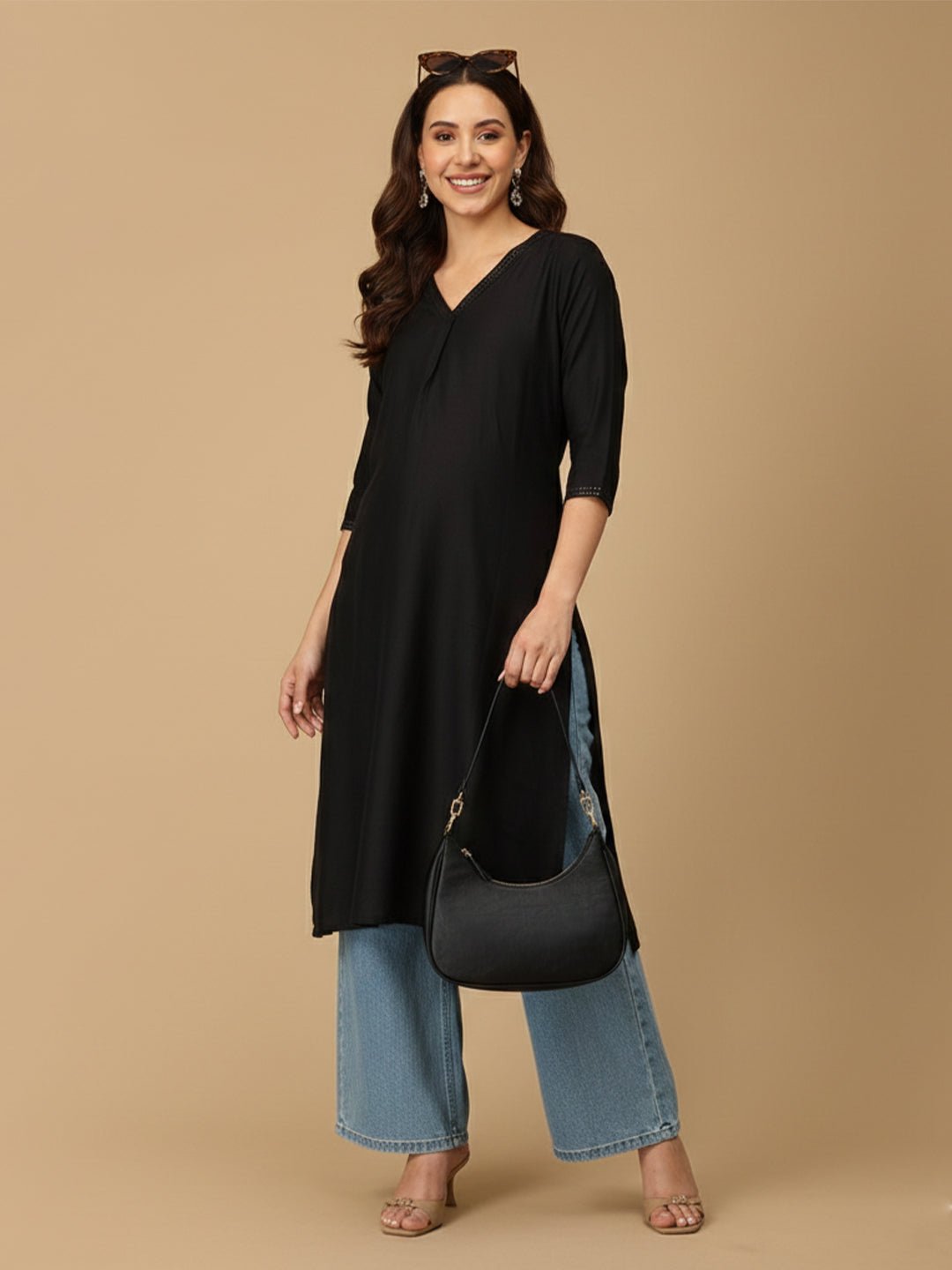  Black Embroidered Maternity and Nursing Silk Kurta Black