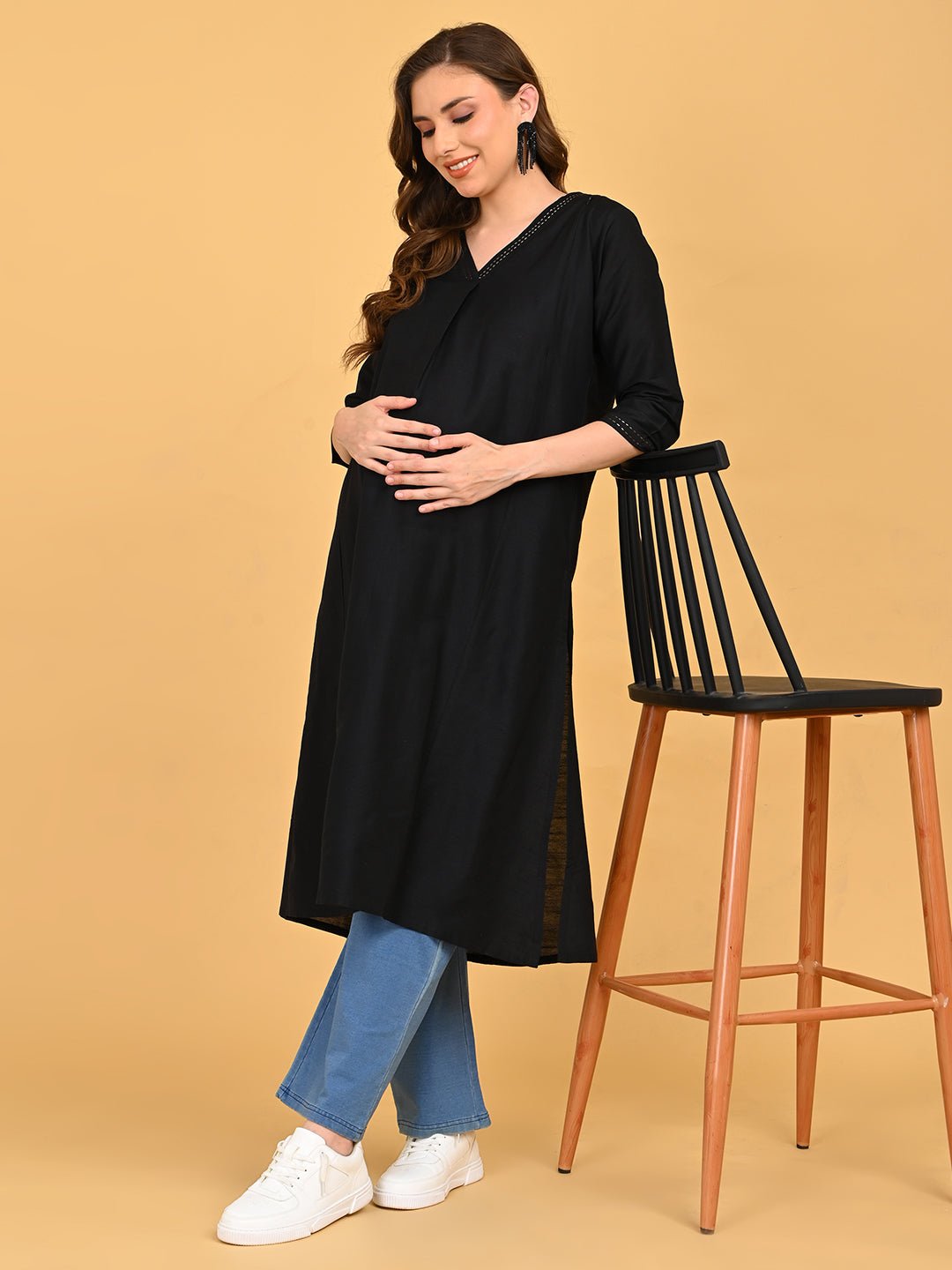  Black Embroidered Maternity and Nursing Silk Kurta Black