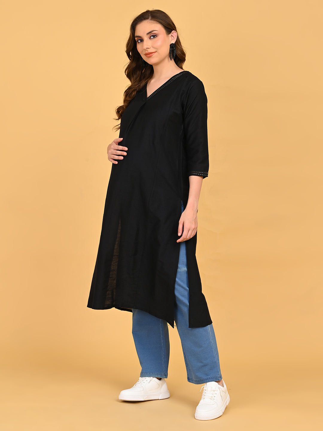  Black Embroidered Maternity and Nursing Silk Kurta Black
