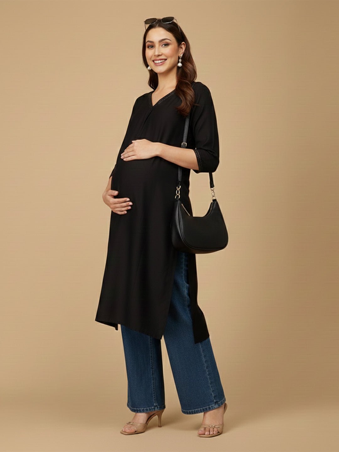  Black Embroidered Maternity and Nursing Silk Kurta Black