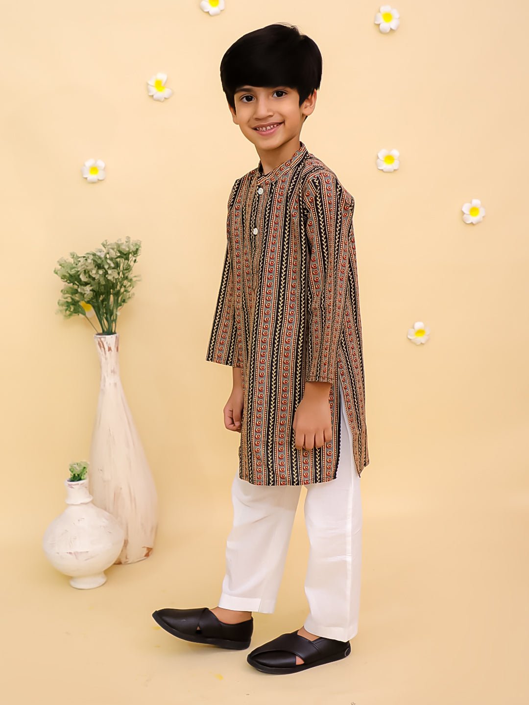 Black Kalamkari Print Boys Kurta Pajama Set