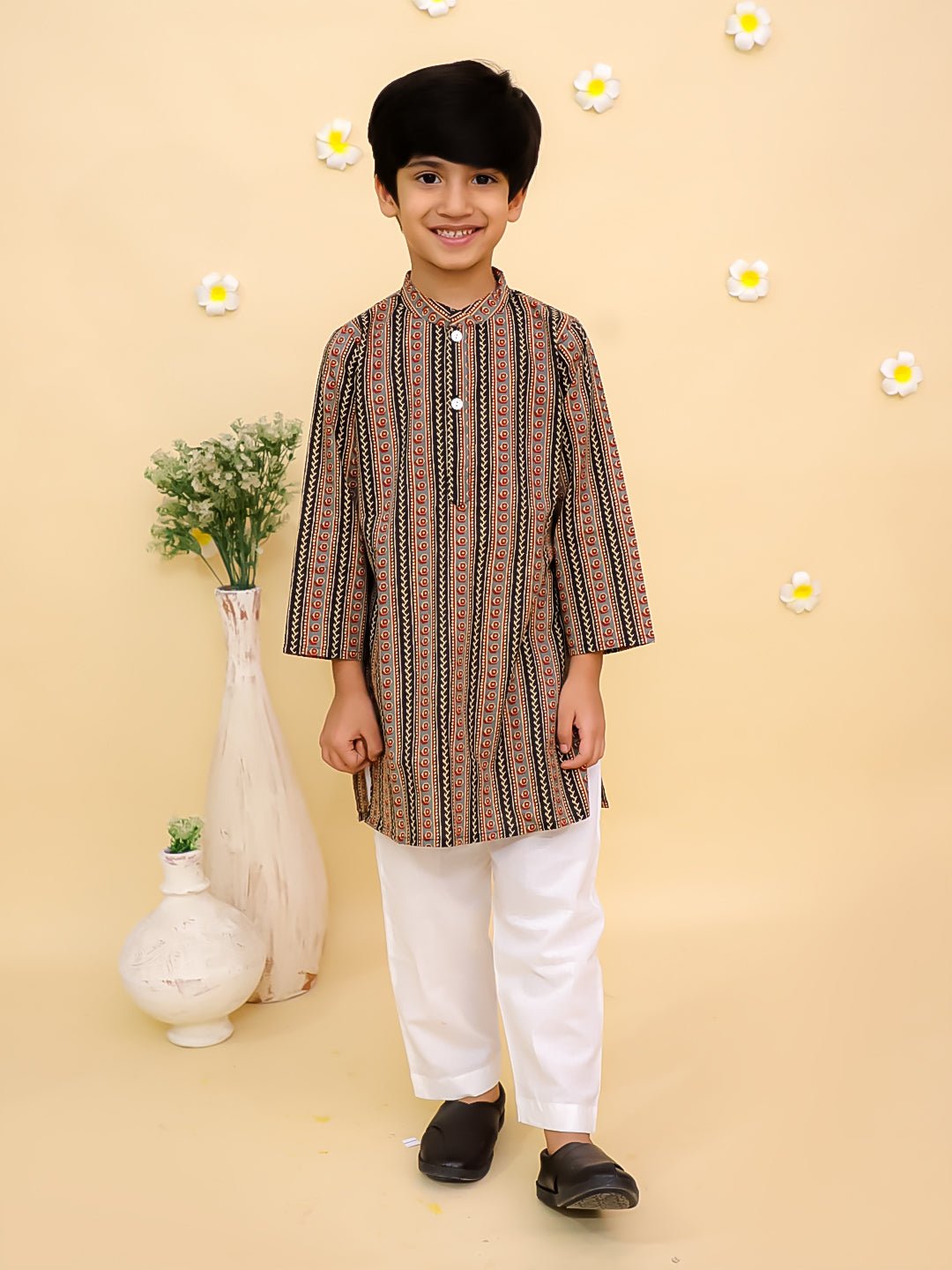 Black Kalamkari Print Boys Kurta Pajama Set