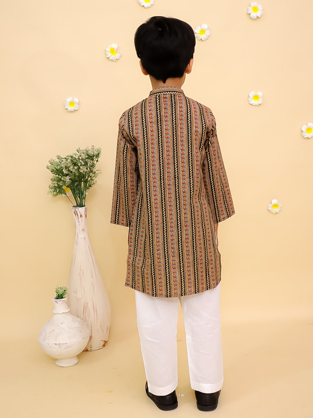 Black Kalamkari Print Boys Kurta Pajama Set