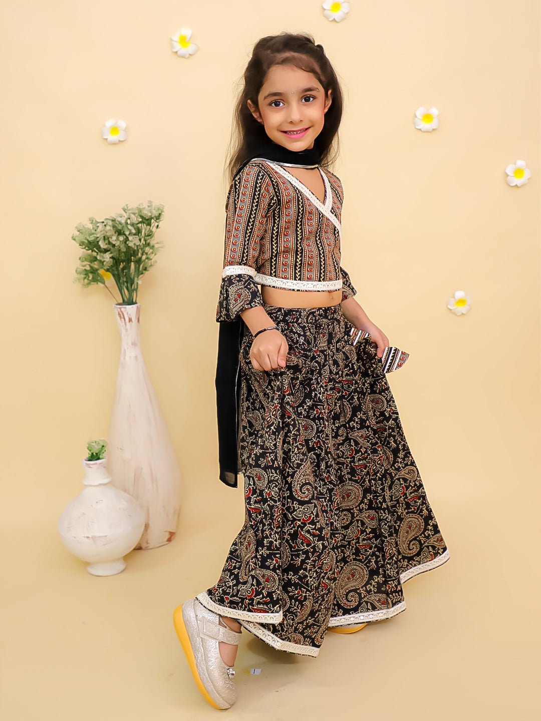 Black Kalamkari Girls Lehenga Set With Dupatta For Kids