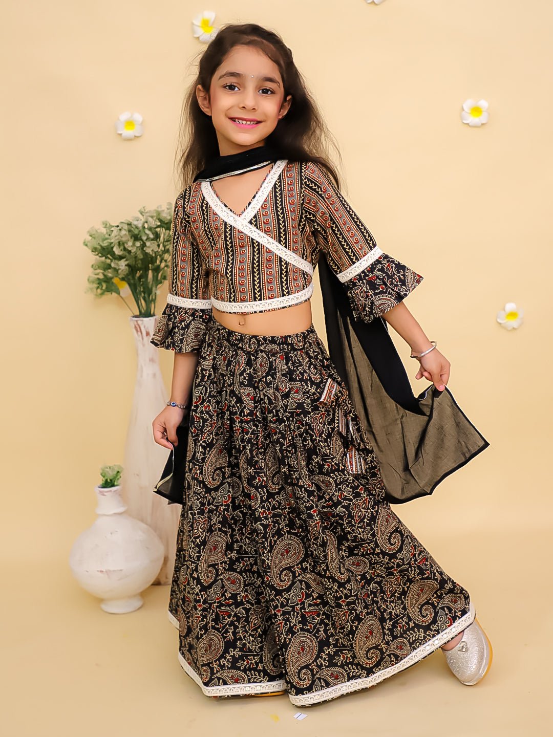 Black Kalamkari Girls Lehenga Set With Dupatta For Kids