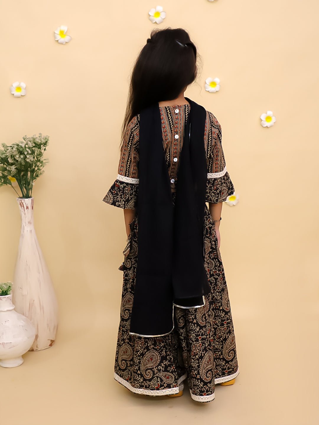Black Kalamkari Girls Lehenga Set With Dupatta For Kids