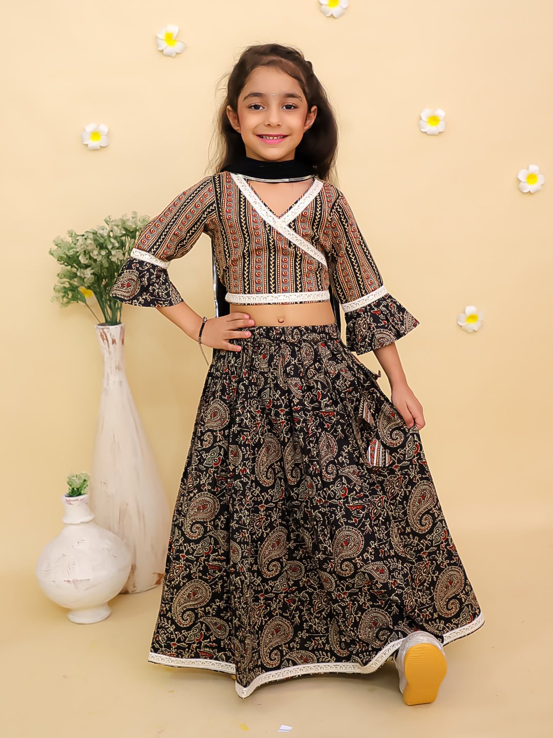 Black Kalamkari Girls Lehenga Set With Dupatta For Kids