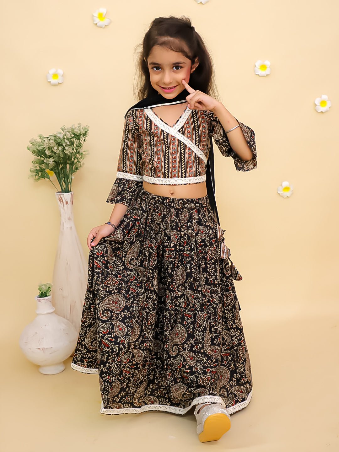 Black Kalamkari Girls Lehenga Set With Dupatta For Kids