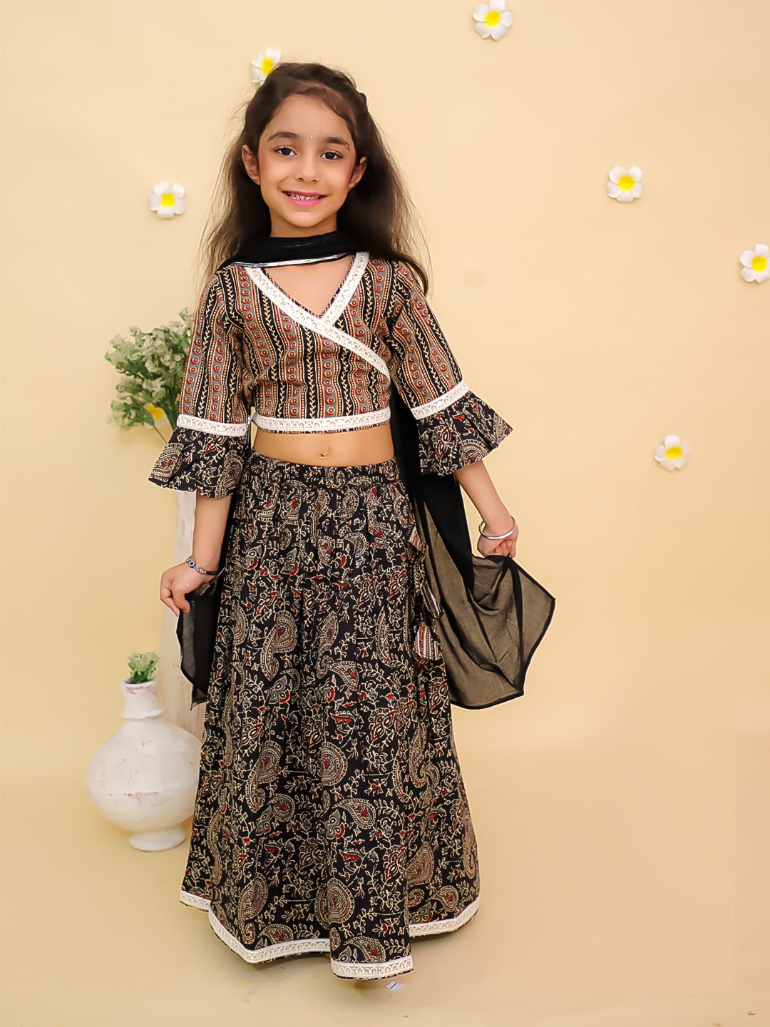 Black Kalamkari Girls Lehenga Set With Dupatta For Kids