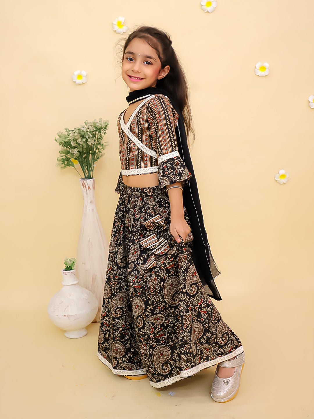 Black Kalamkari Girls Lehenga Set With Dupatta For Kids