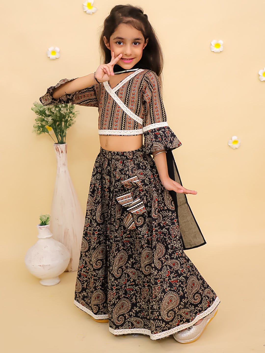 Black Kalamkari Girls Lehenga Set With Dupatta For Kids