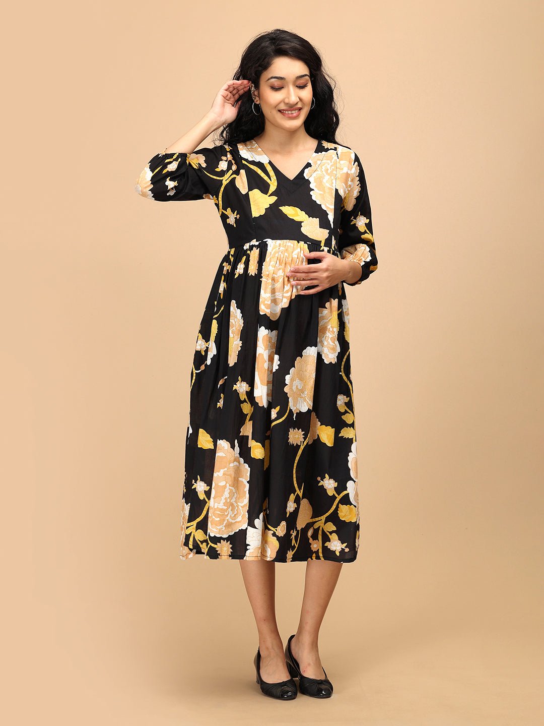  Black Peony Maternity and Nursing Dress Black