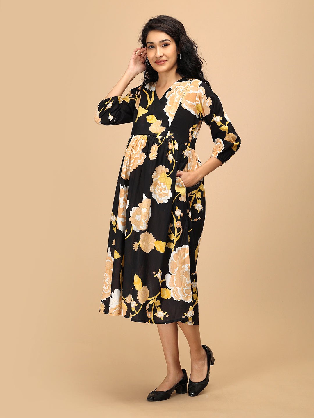  Black Peony Maternity and Nursing Dress Black