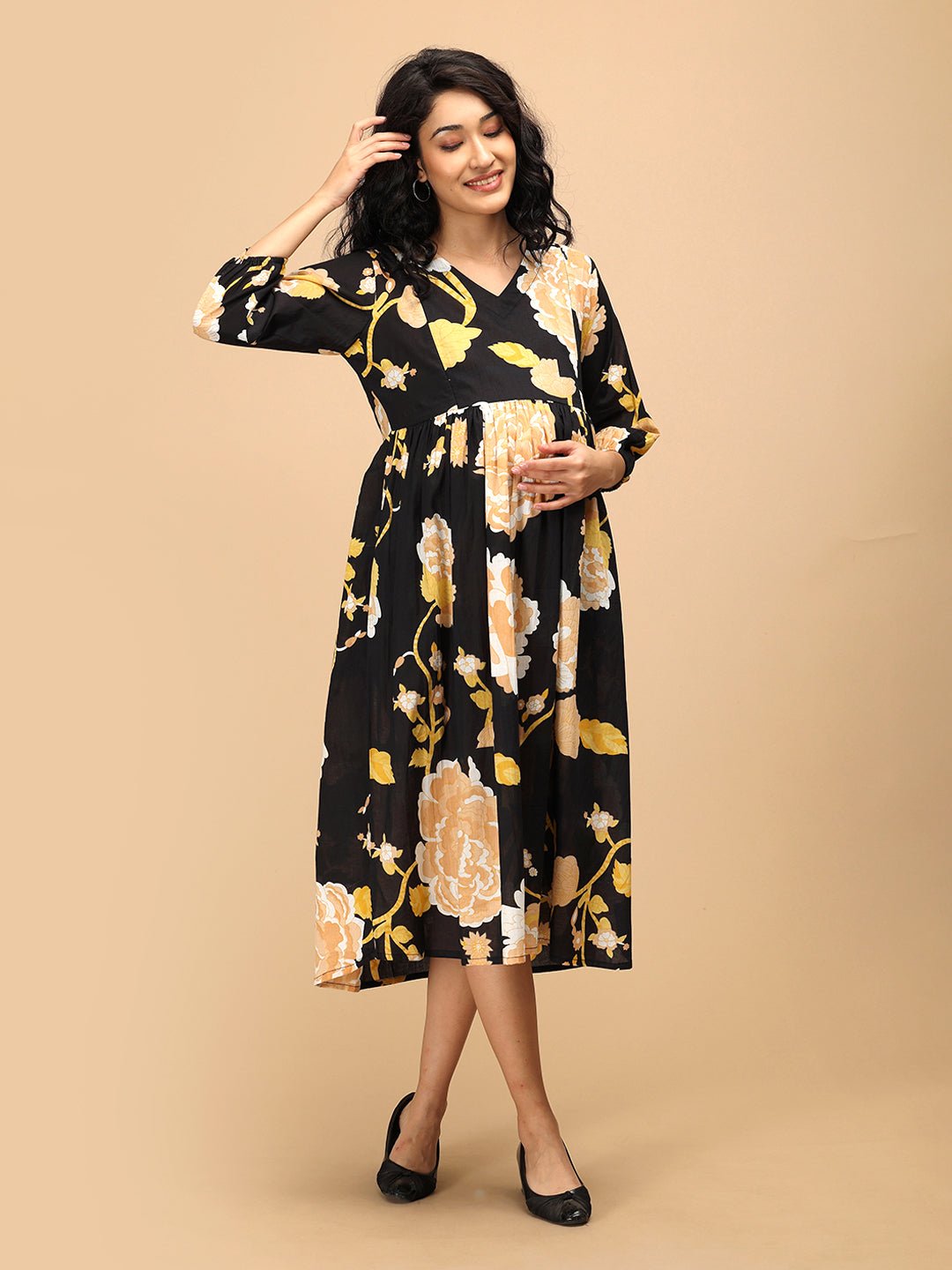  Black Peony Maternity and Nursing Dress Black