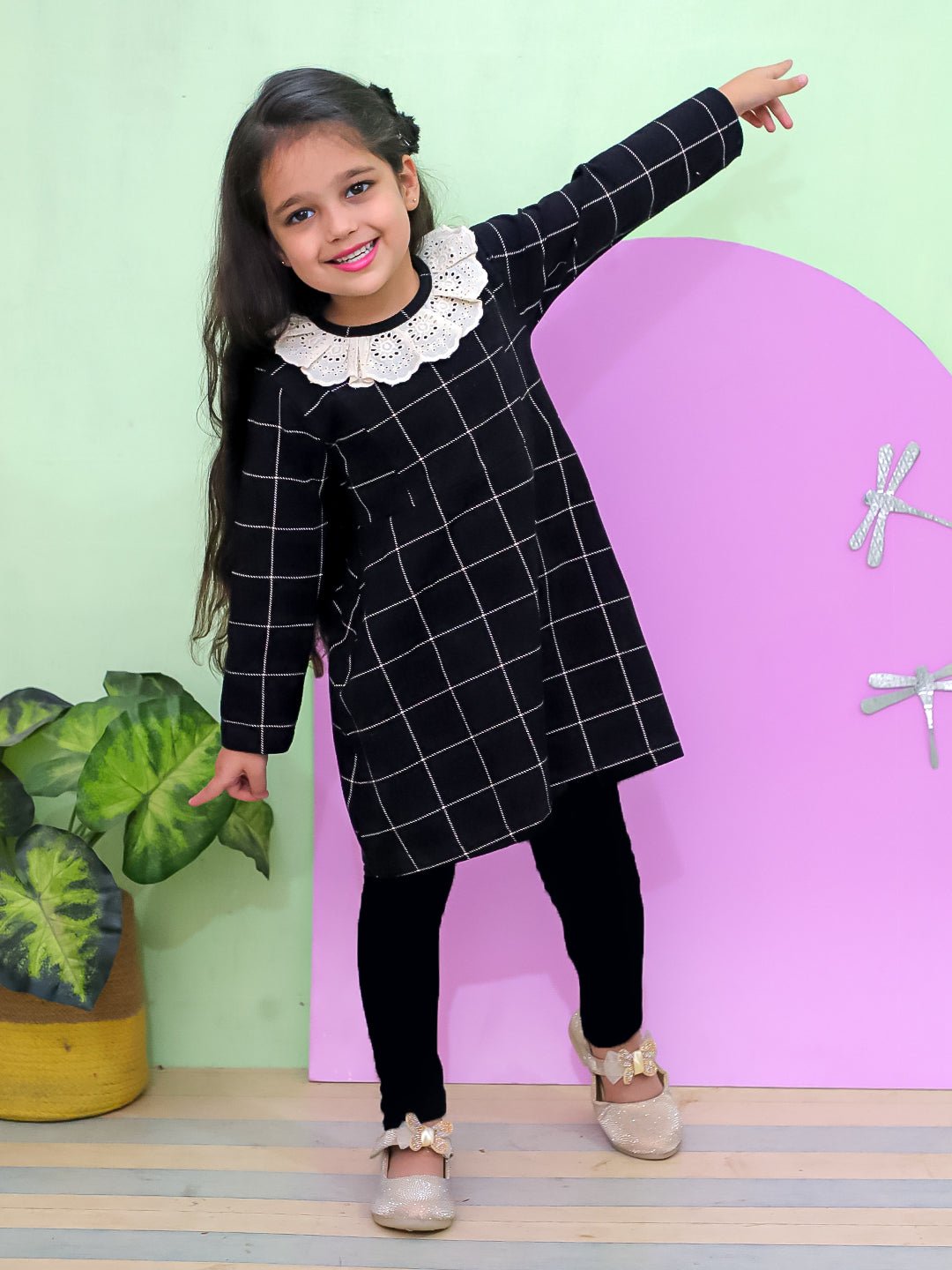 Black Plaid Flannel Girls Winter Dress For Kids