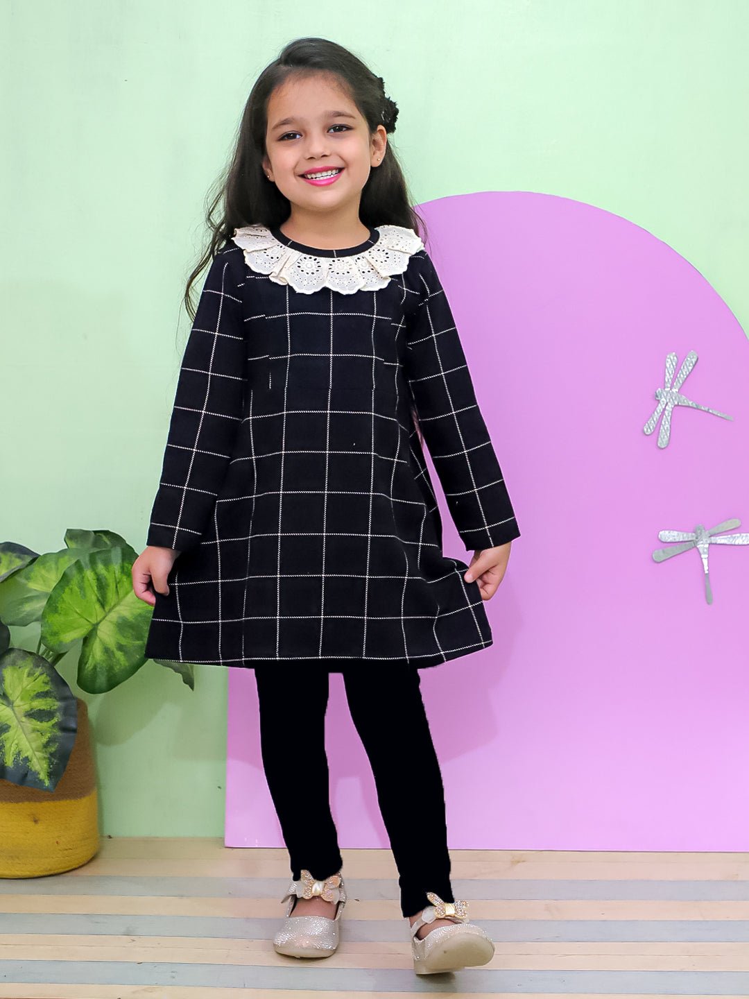 Black Plaid Flannel Girls Winter Dress For Kids