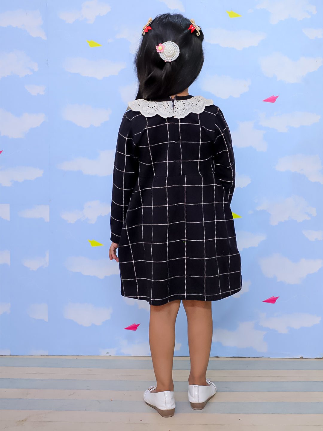 Black Plaid Flannel Girls Winter Dress For Kids