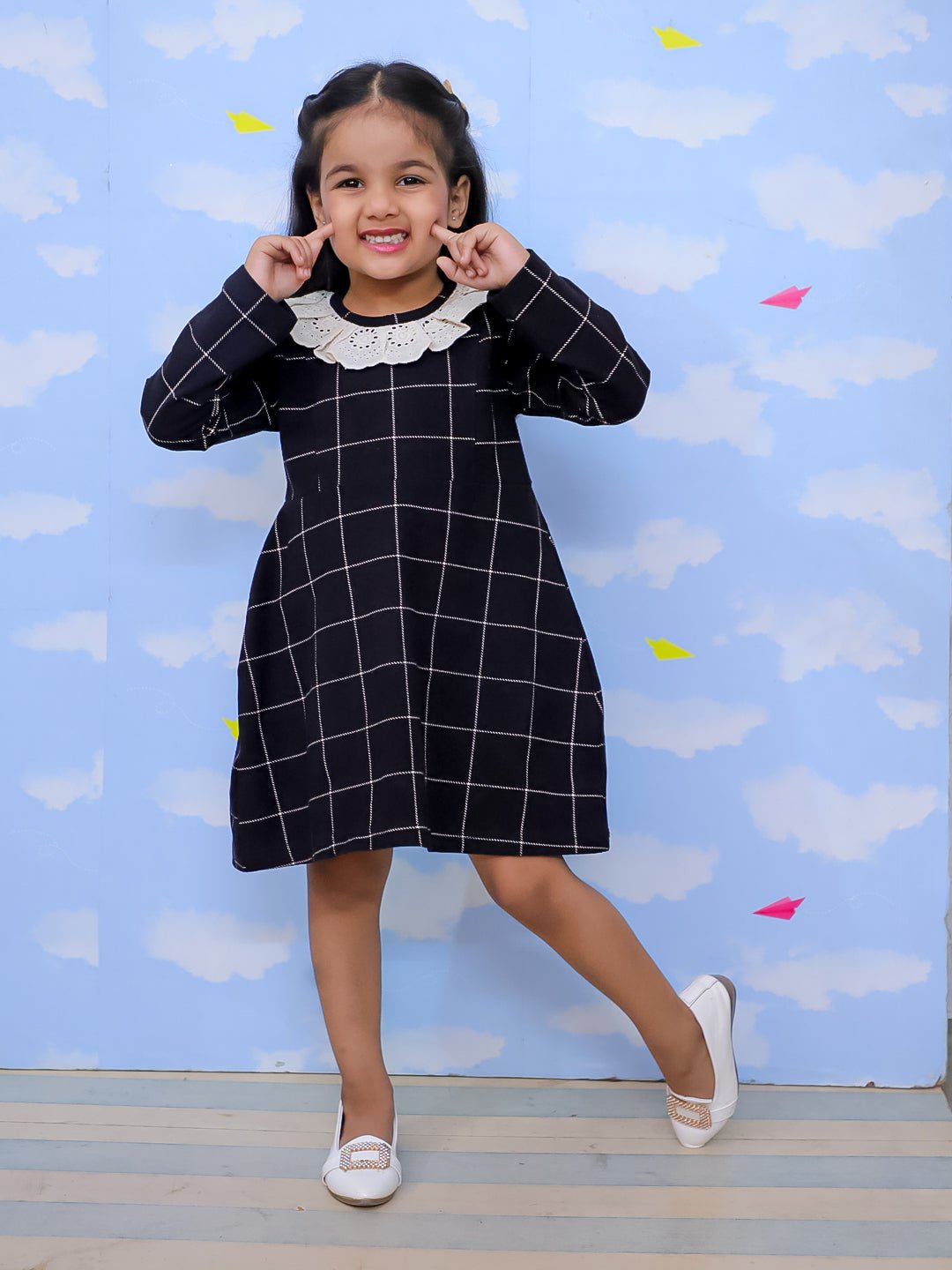 Black Plaid Flannel Girls Winter Dress For Kids