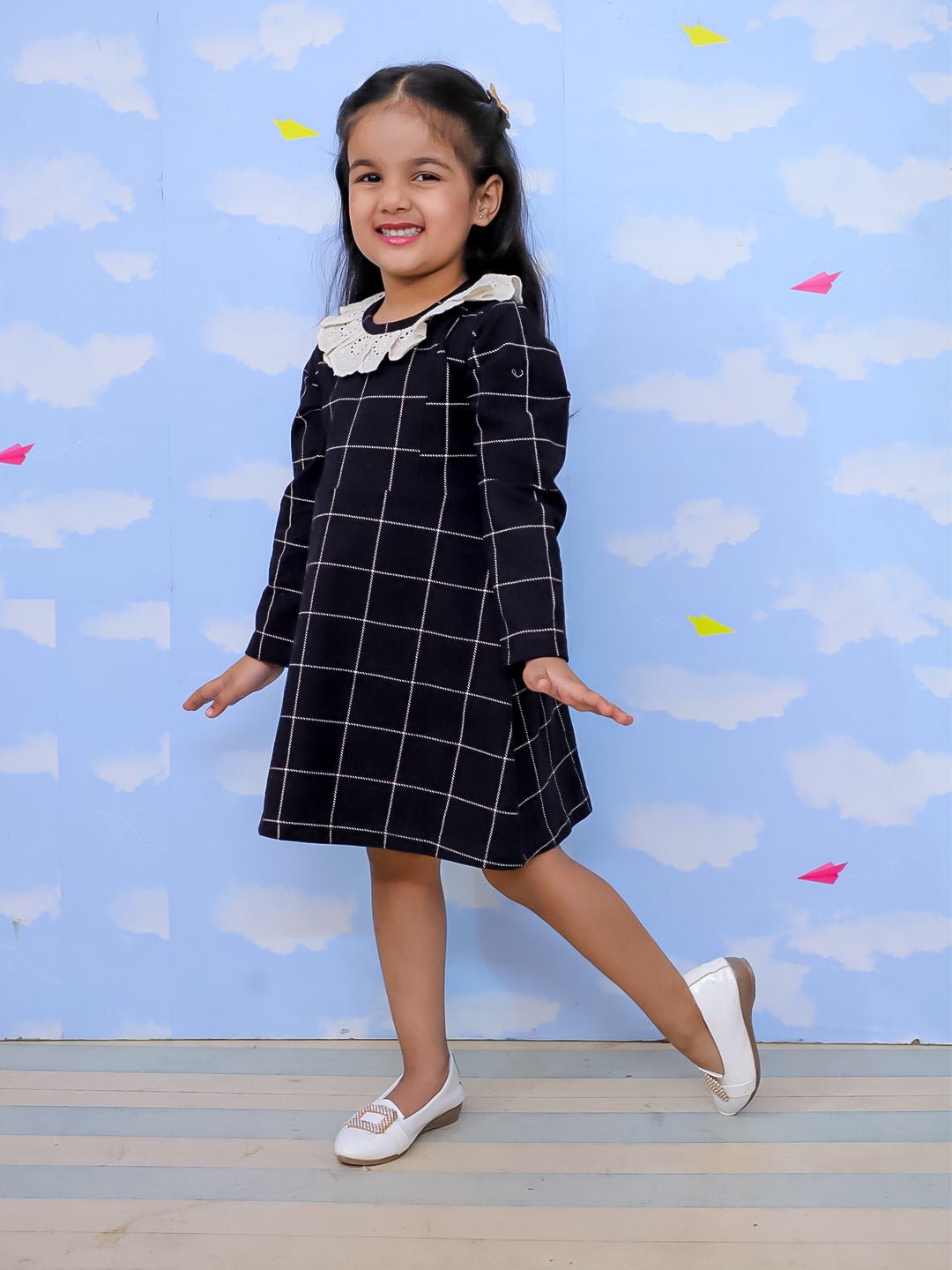 Black Plaid Flannel Girls Winter Dress For Kids