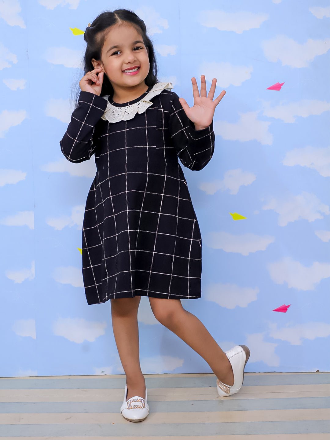 Black Plaid Flannel Girls Winter Dress For Kids